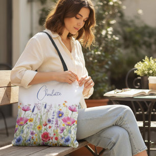 Colourful Wildflower Personalised Name Gift Tote Bag