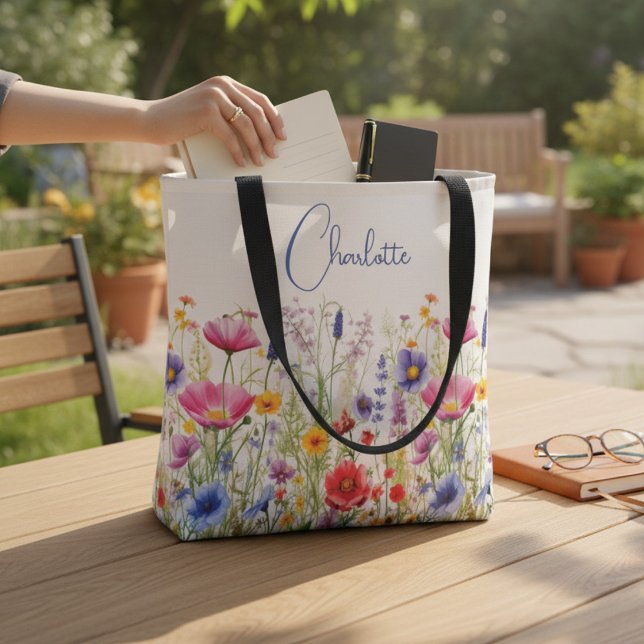 Colourful Wildflower Personalised Name Tote Bag (Creator Uploaded)