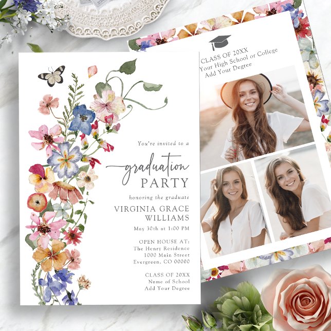 Colourful Wildflower Photo Graduation Invitation (Colorful Wildflower Photo Graduation Invitation with Butterfly by Painted Paperie
)