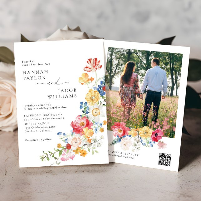 Colourful Wildflower Photo QR Code RSVP Wedding Invitation (Creator Uploaded)