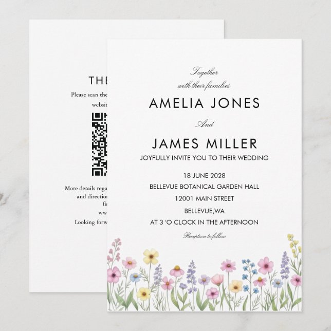 Colourful Wildflower qr minimal Wedding Invite (Front/Back)