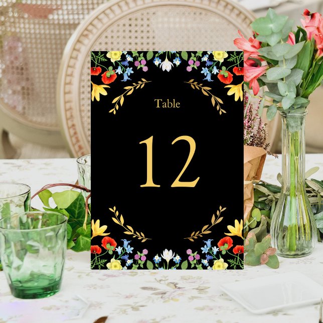  Colourful Wildflower Rustic Floral Black Wedding Table Number (Colorful Wildflower Rustic Floral Black Wedding Table Number)