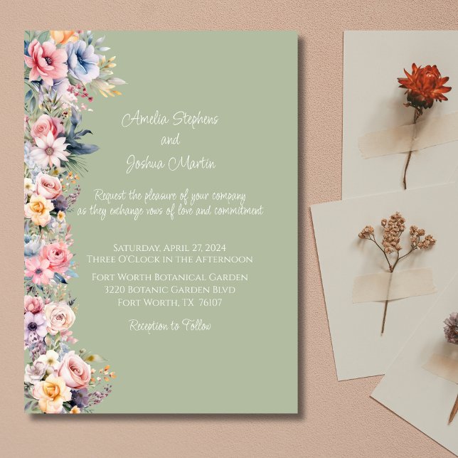 Colourful Wildflower Sage Green Wedding Invitation (Creator Uploaded)