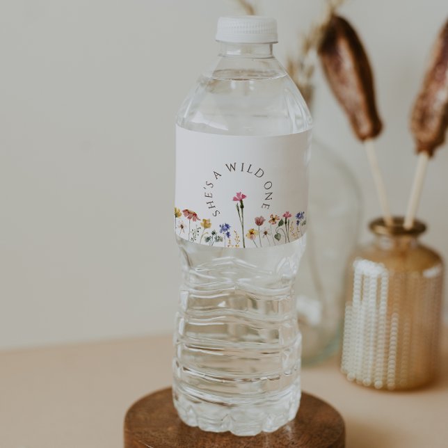 Colourful Wildflower She's A Wild One Birthday Water Bottle Label (Creator Uploaded)