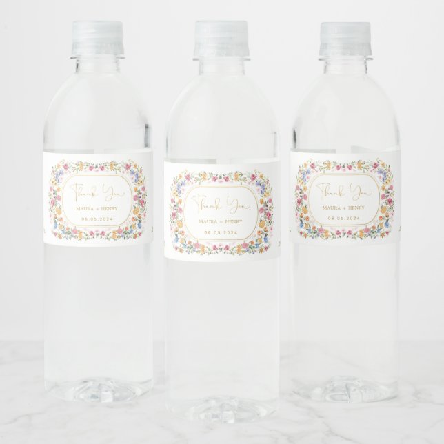 Colourful Wildflower Spring Meadow Wedding Party Water Bottle Label (Bottles)
