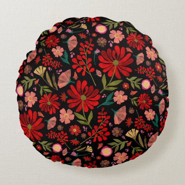 Colourful Wildflower Summer Floral Black Round Cushion (Front)