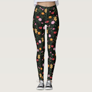 Colourful Wildflower Watercolor Black Design Leggings