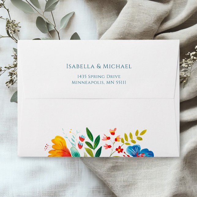 Colourful Wildflower Watercolor Floral Wedding  Envelope (Colorful Watercolor Floral Wedding Envelope)