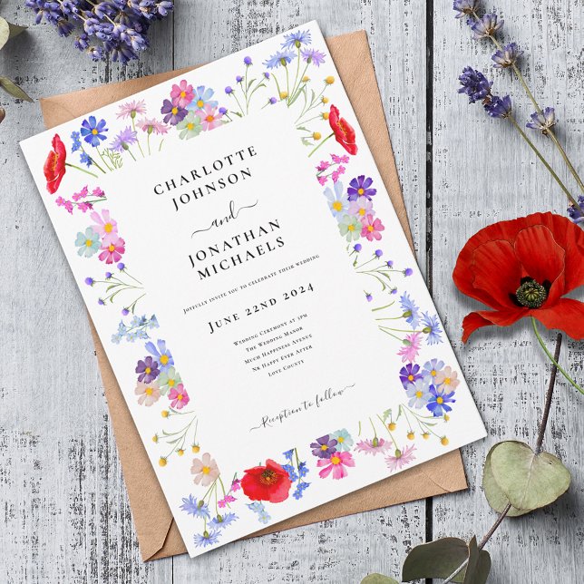 Colourful Wildflower Watercolor Wedding Invitation (Modern colorful wildflower floral wedding invitation with red poppy blue cornflower pink peach)