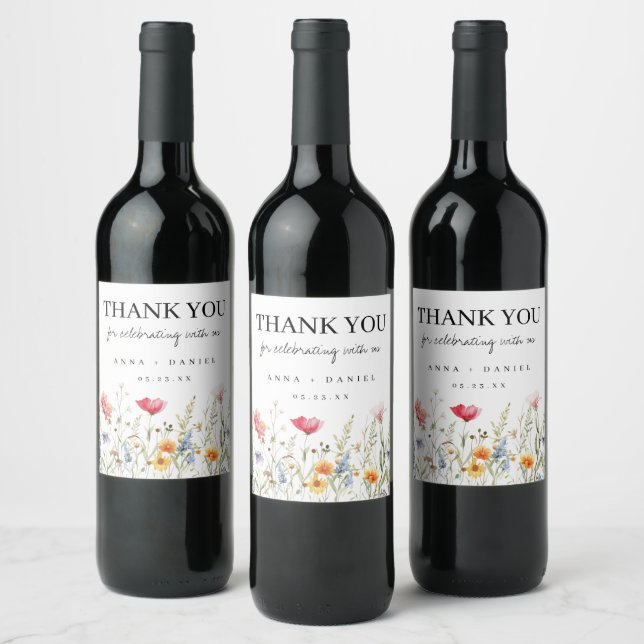Colourful Wildflower Wedding Wine Label (Bottles)