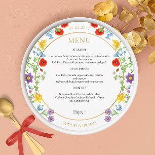 Colourful Wildflower White Floral Round Wedding Menu