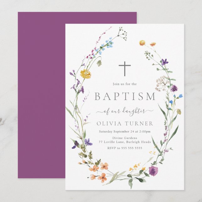 Colourful Wildflower Wreath Baby Baptism  Invitation (Front/Back)