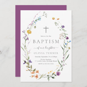Colourful Wildflower Wreath Baby Baptism Invitation