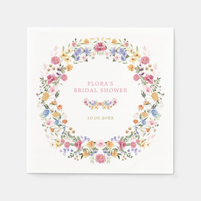 Colourful Wildflower Wreath Bridal Shower Napkin (Front)