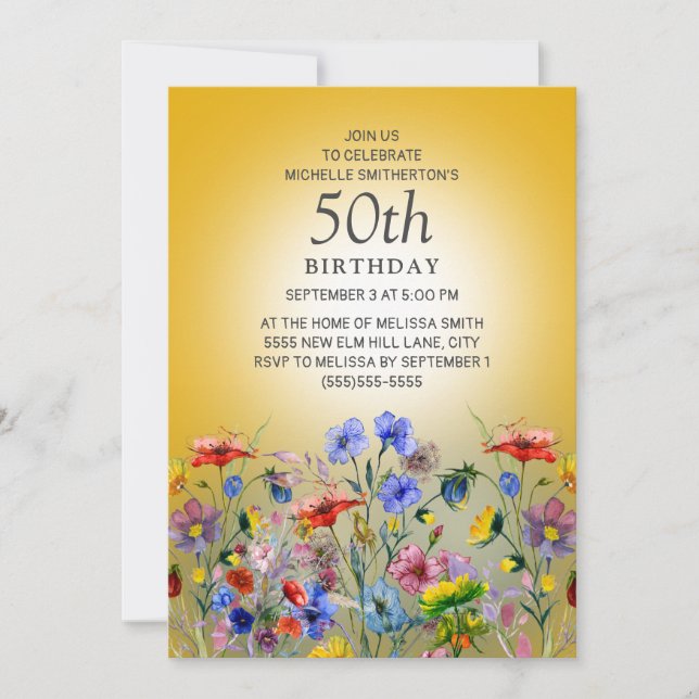 Colourful Wildflower Yellow Sunshine 50th Birthday Invitation (Front)