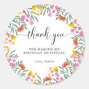 Colourful Wildflowers 1st Birthday Party Thank You Classic Round Sticker