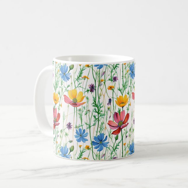 Colourful Wildflowers and Green Grass Coffee Mug (Front Left)