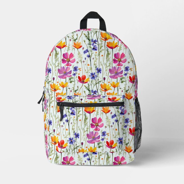 Colourful Wildflowers and Green Grass Printed Backpack (Front)