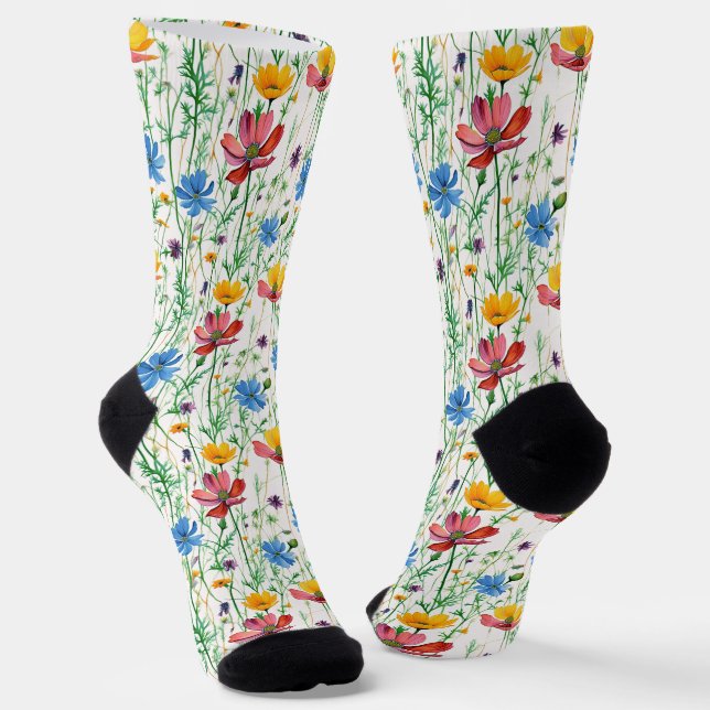 Colourful Wildflowers and Green Grass Socks (Angled)