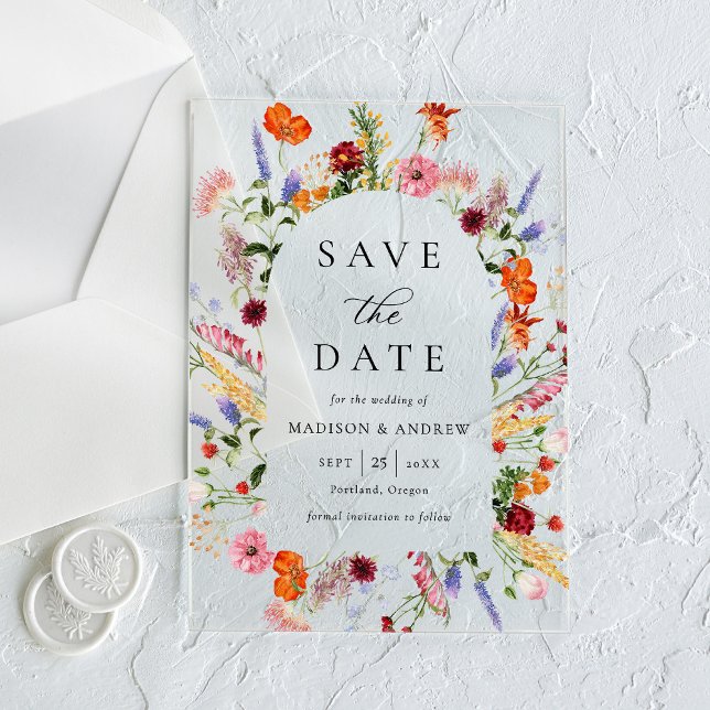 Colourful Wildflowers Arch Wedding Save the Date Acrylic Invitations (Creator Uploaded)