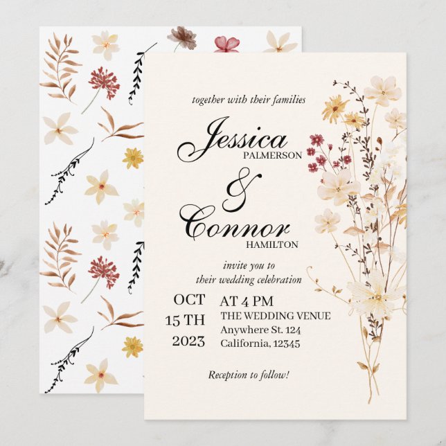 Colourful Wildflowers boho Wedding Invitation (Front/Back)