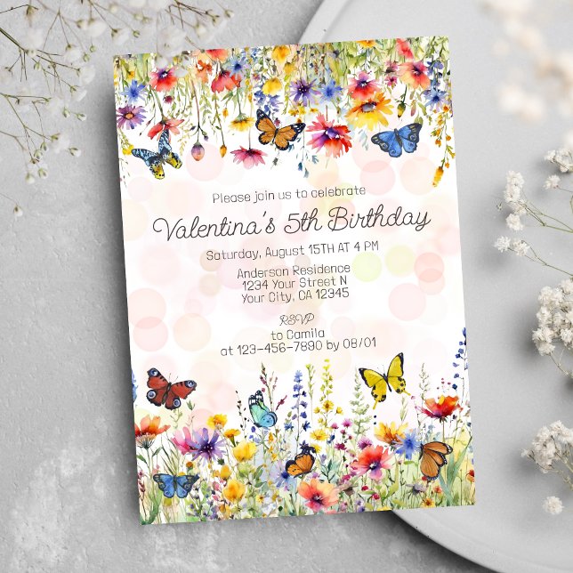 Colourful Wildflowers Butterflies Girl's Birthday Invitation (Creator Uploaded)