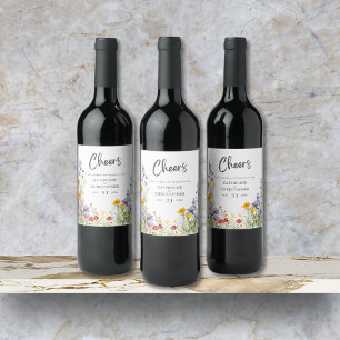 Colourful Wildflowers Cheers Elegant Wedding Wine Label