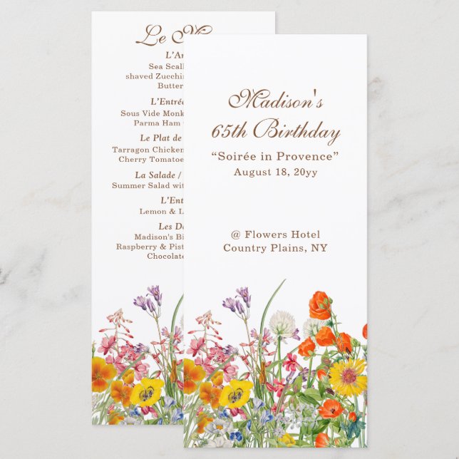 Colourful Wildflowers Country 65th Birthday Menu (Front/Back)