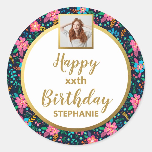 Colourful Wildflowers, Custom Photo, Happy Birthda Classic Round Sticker (Front)