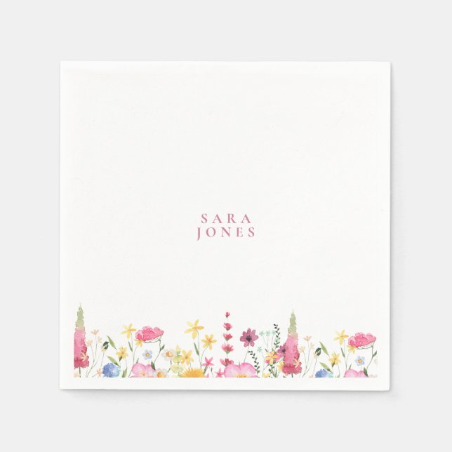 Colourful Wildflowers Custom Pink Name Baby Shower Napkin (Front)