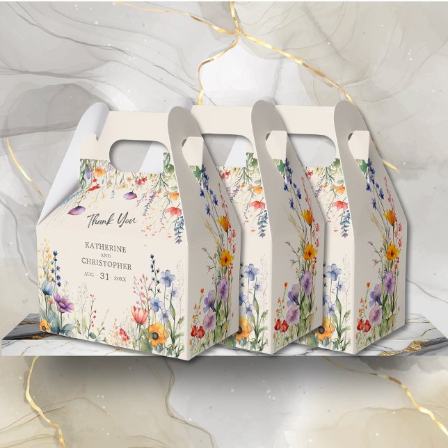 Colourful Wildflowers Elegant Beige Small Wedding Favour Box (Colorful Wildflowers Wedding Favor Treats Box with purple, orange, red flowers, wedding info.)