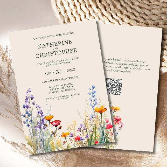 Colourful Wildflowers Elegant Beige Wedding Invitation (Colorful Watercolor Wildflowers Elegant Wedding Invitation with purple, orange, red flowers, QR code)