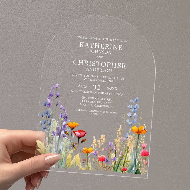 Colourful Wildflowers Elegant Wedding Arch Acrylic Invitations (Colorful Wildflowers Elegant Wedding Arch Acrylic Invitation with Couple's First and Last Names.)