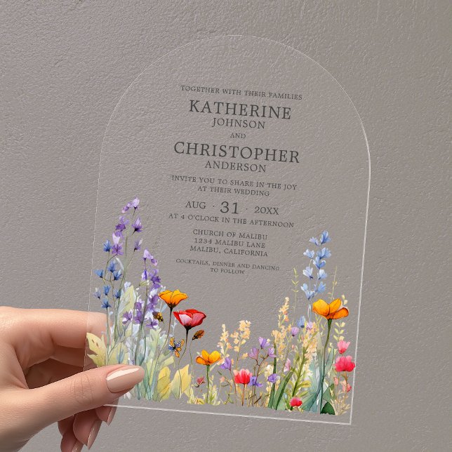 Colourful Wildflowers Elegant Wedding Arch Acrylic Invitations (Colorful Wildflowers Elegant Wedding Invitation Clear Acrylic with Couple First Last Names.)