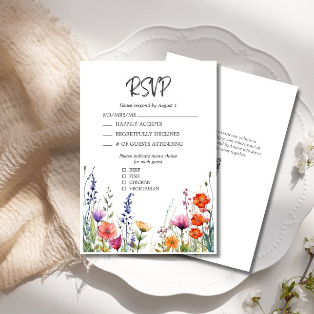 Colourful Wildflowers Elegant Wedding RSVP Card (Colorful Wildflowers Elegant Wedding RSVP with Menu Options, Pink Purple Orange Yellow Flowers.)