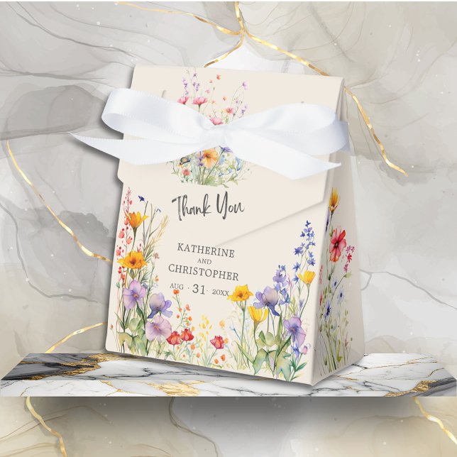 Colourful Wildflowers Elegant Wedding Thank You Favour Box (Colorful Wildflowers Thank You Wedding Favor Bag with Bow has Wedding Details, purple, orange, red.)