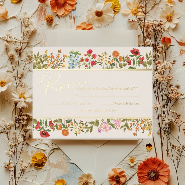Colourful Wildflowers Floral Garden RSVP Real Gold Foil Invitation Postcard (Colorful Wildflowers Floral Garden RSVP Real Gold Foil Invitation Postcard)
