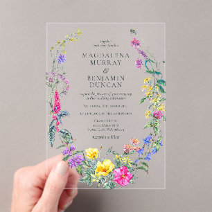 Colourful Wildflowers Floral Meadow Wreath Wedding Acrylic Invitations