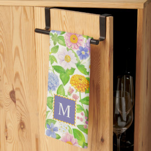 Colourful Wildflowers Floral Pattern Monogram Apro Tea Towel