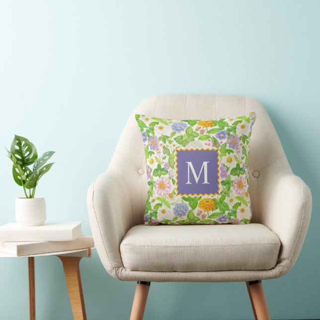 Colourful Wildflowers Floral Pattern Monogram Cushion (Chair)