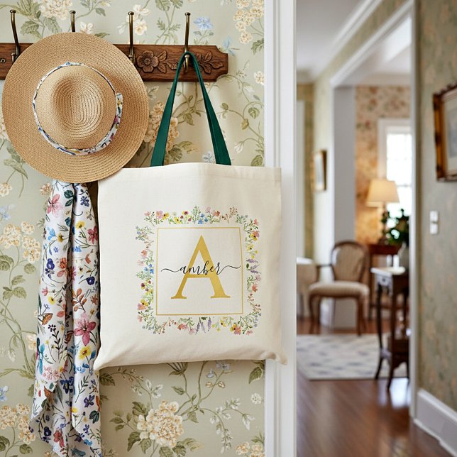 Colourful wildflowers frame personalised tote bag (Creator Uploaded)