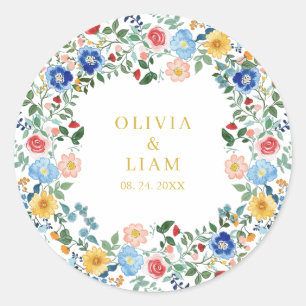Colourful Wildflowers Gold Garden Wedding Classic Round Sticker