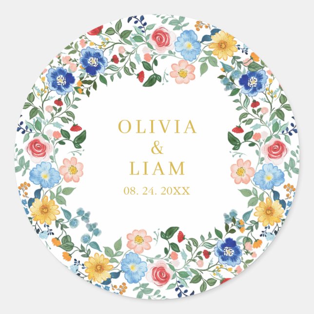 Colourful Wildflowers Gold Garden Wedding Classic Round Sticker (Front)