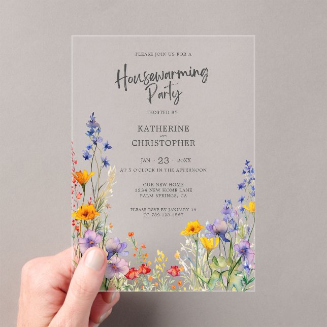 Colourful Wildflowers Housewarming Party Clear Acrylic Invitations (Insitu (Handheld))