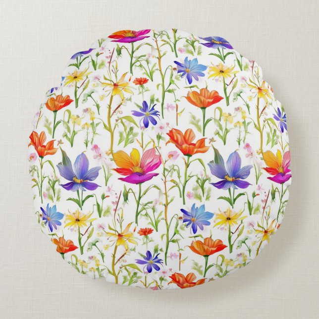 Colourful Wildflowers in a Field Round Cushion (Front)