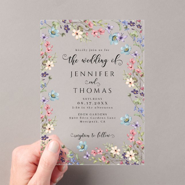 Colourful Wildflowers Modern Rustic Garden Wedding Acrylic Invitations (Insitu (Handheld))