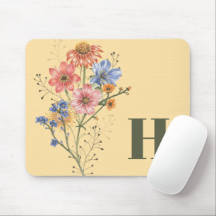 Colourful Wildflowers Monogram Beige Background Mouse Mat