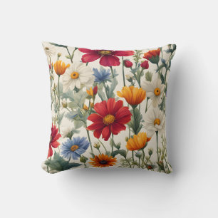 Colourful Wildflowers on a White Background Cushion
