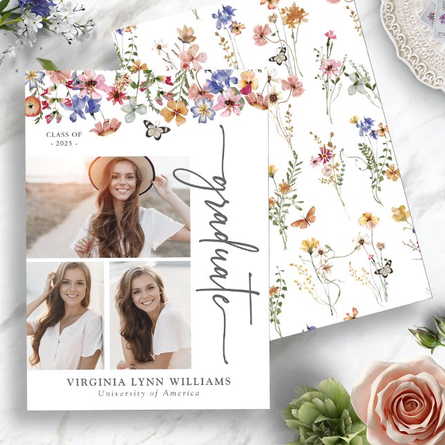 Colourful Wildflowers Photo Graduation Announcement (Colorful Wildflowers Photo Graduation Announcement with Butterfly by Painted Paperie
)