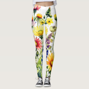 Colourful wildflowers pretty watercolor painting leggings